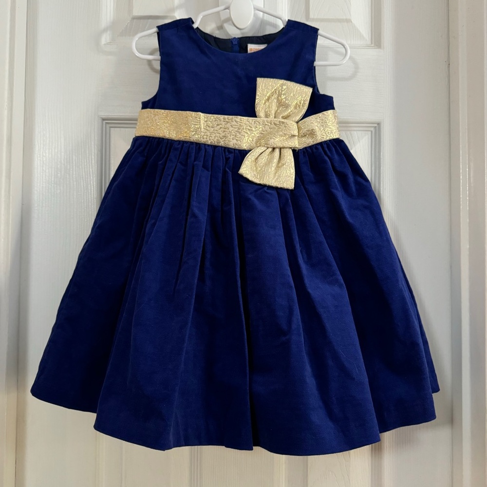 Gymboree Navy Blue Velvet Dress with Gold Bow